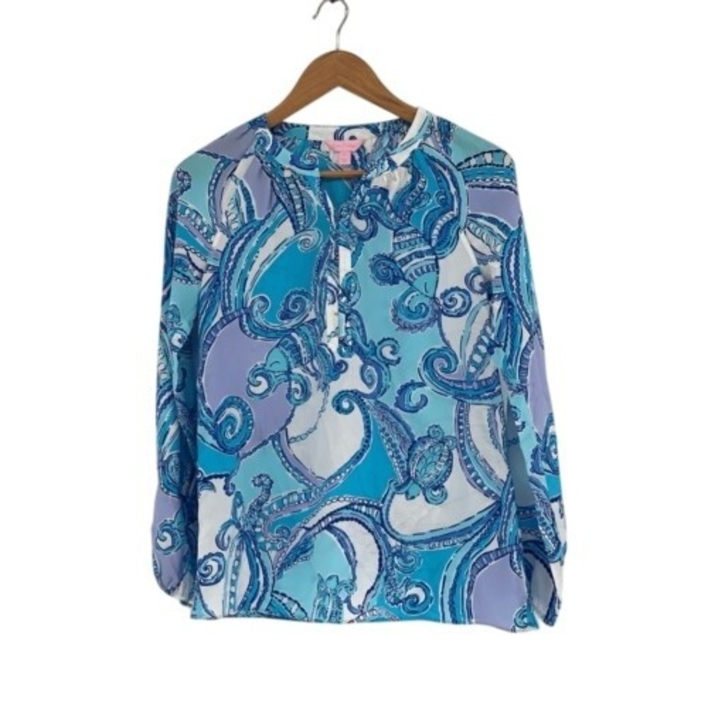 Lilly Pulitzer Silk Blouse Top Shirt Women XS Blue White Long Sleeve Rare Print